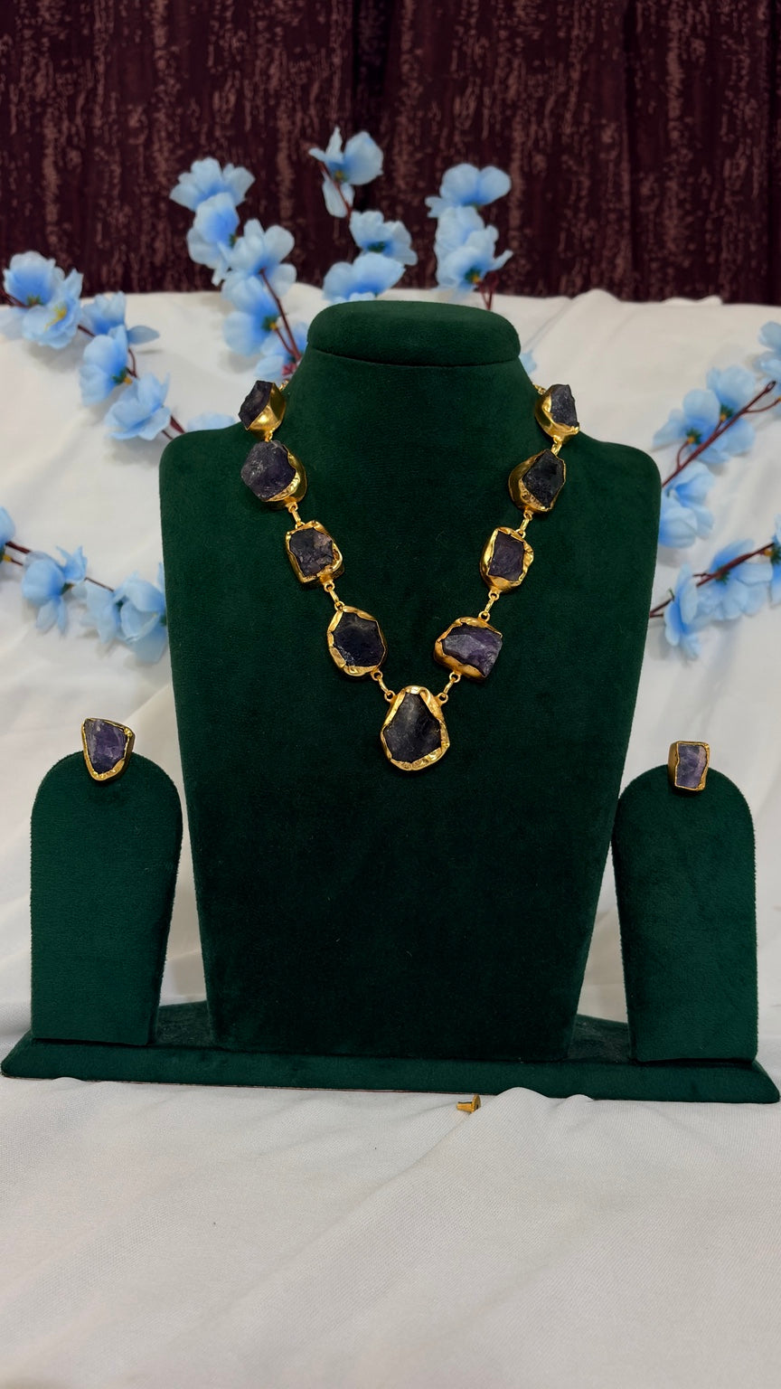 Original brass statement necklace with genuine uncut amethyst stones and matching earrings