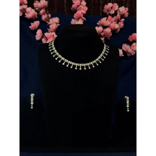 White American Diamond Cluster Rosette Fringe Choker Necklace Set with Linear Drop Earrings