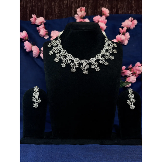 White American Diamond Floral Swirl Necklace Set with Earrings