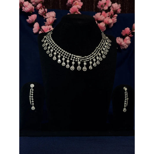 White American Diamond Multi-Strand Teardrop Fringe Necklace Set with Dangler Earrings