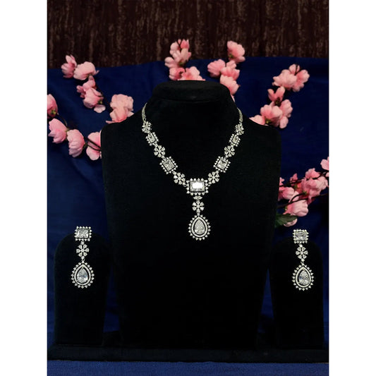 White American Diamond Square & Teardrop Pendant Necklace Set with Earrings