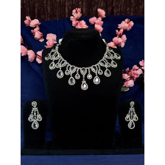 White American Diamond Teardrop Fringe Necklace Set with Earrings