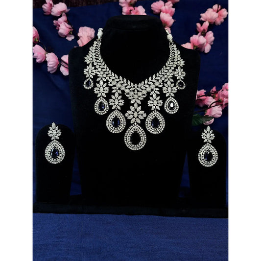 White & Blue American Diamond Floral Teardrop Bridal Necklace Set