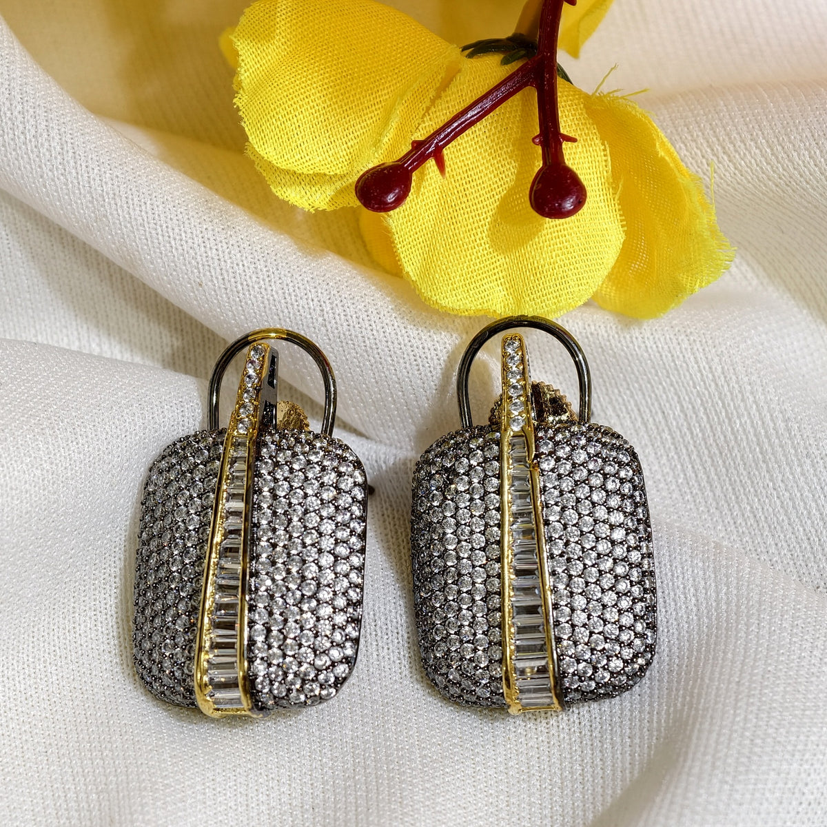 Close-up of White Nano Setting AD Rectangular Drop Earrings
