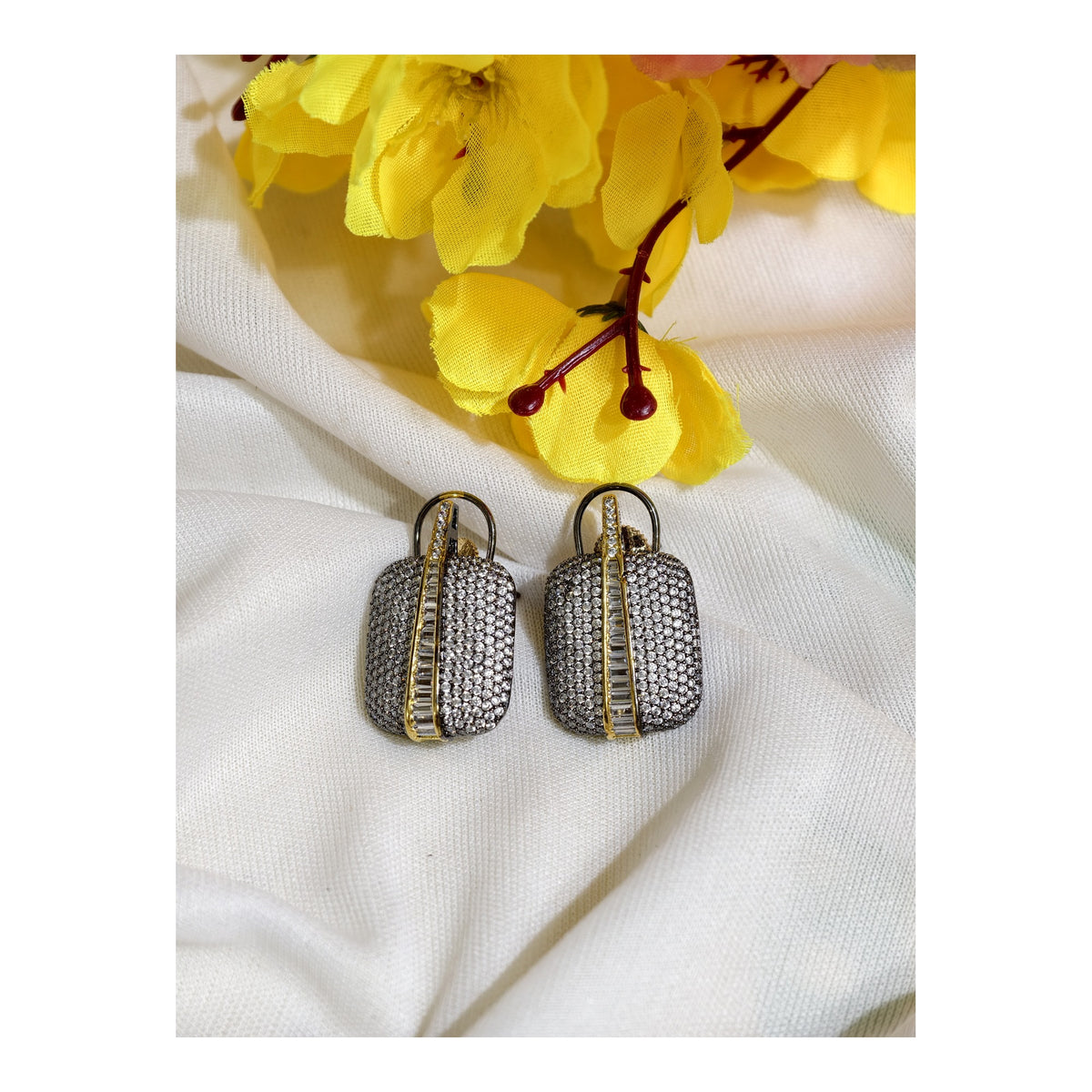 White Nano Setting AD Rectangular Drop Earrings