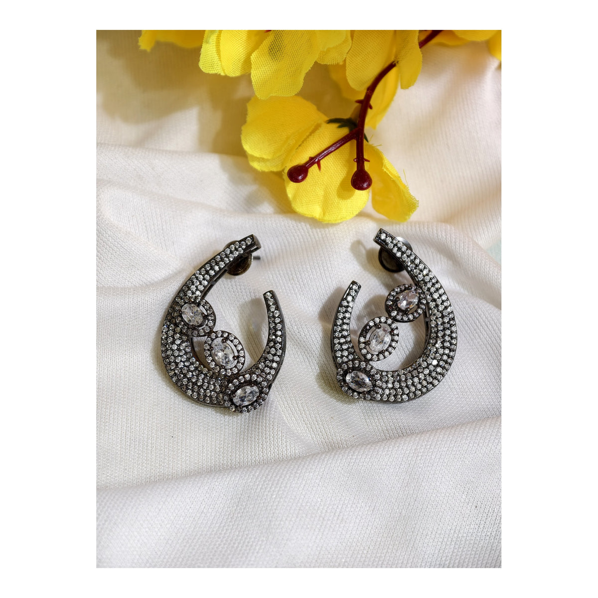 White Nano Setting AD Swirl Statement Earrings