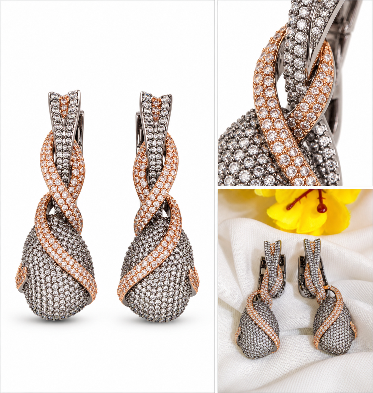 White nano setting AD twisted drop earrings