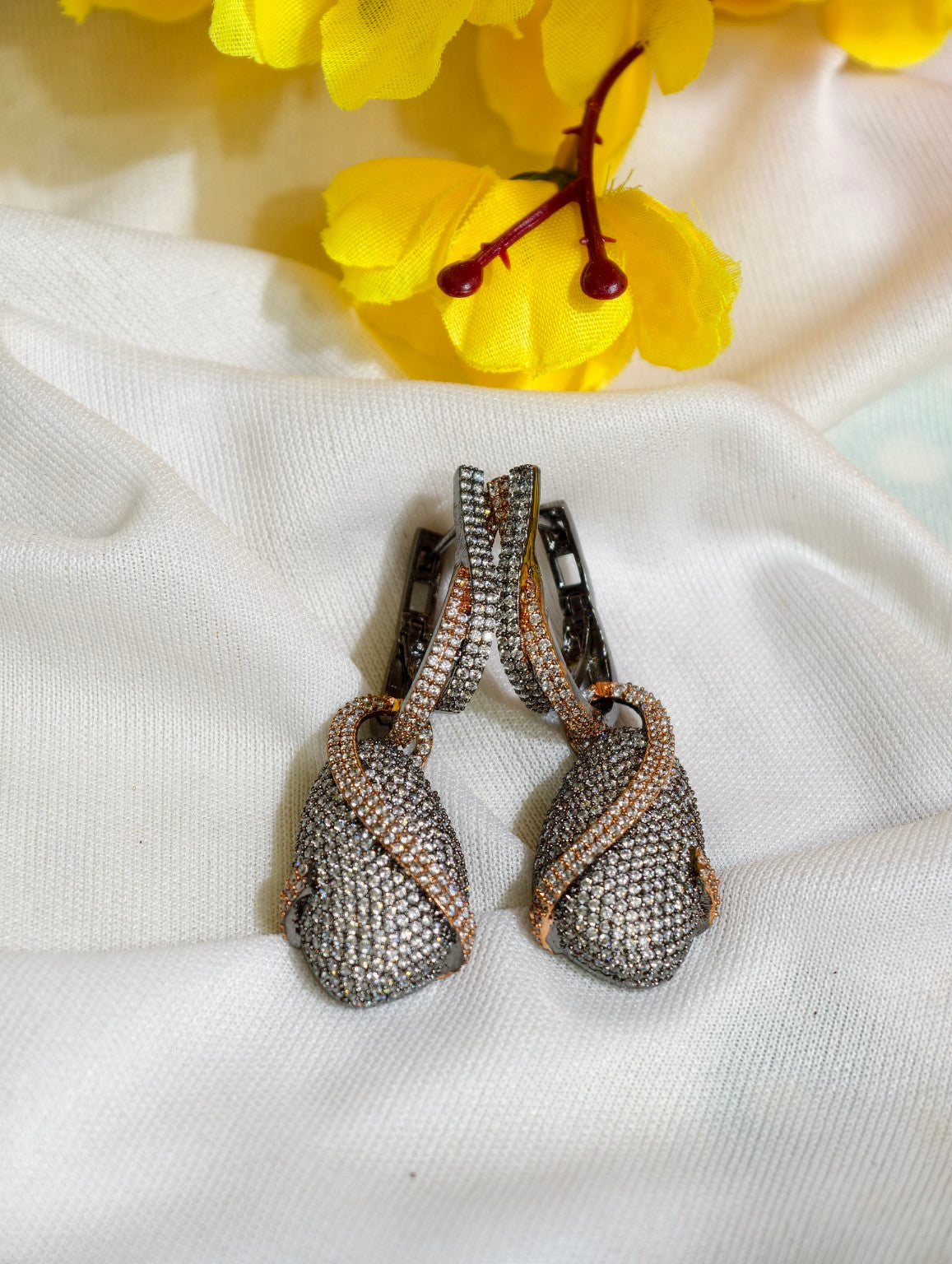 White nano setting AD twisted drop earrings original product view