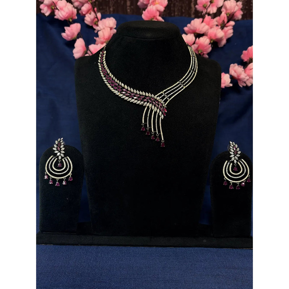 Wine Red & White American Diamond Asymmetric Leaf Fringe Necklace Set with Chandbali Earrings