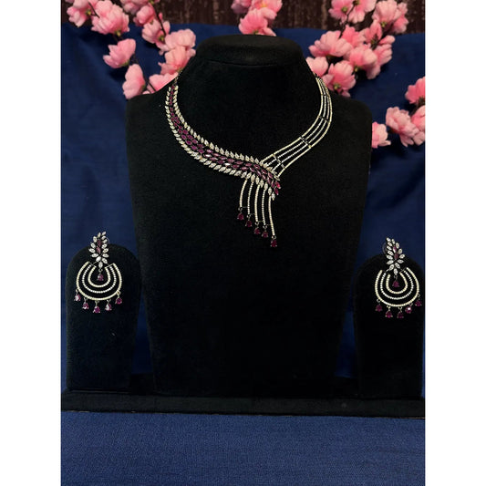 Wine Red & White American Diamond Asymmetric Leaf Fringe Necklace Set with Chandbali Earrings